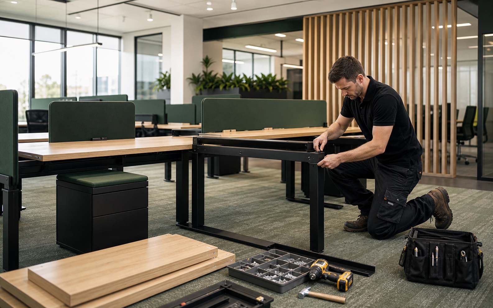 Commercial office workstation installation in progress