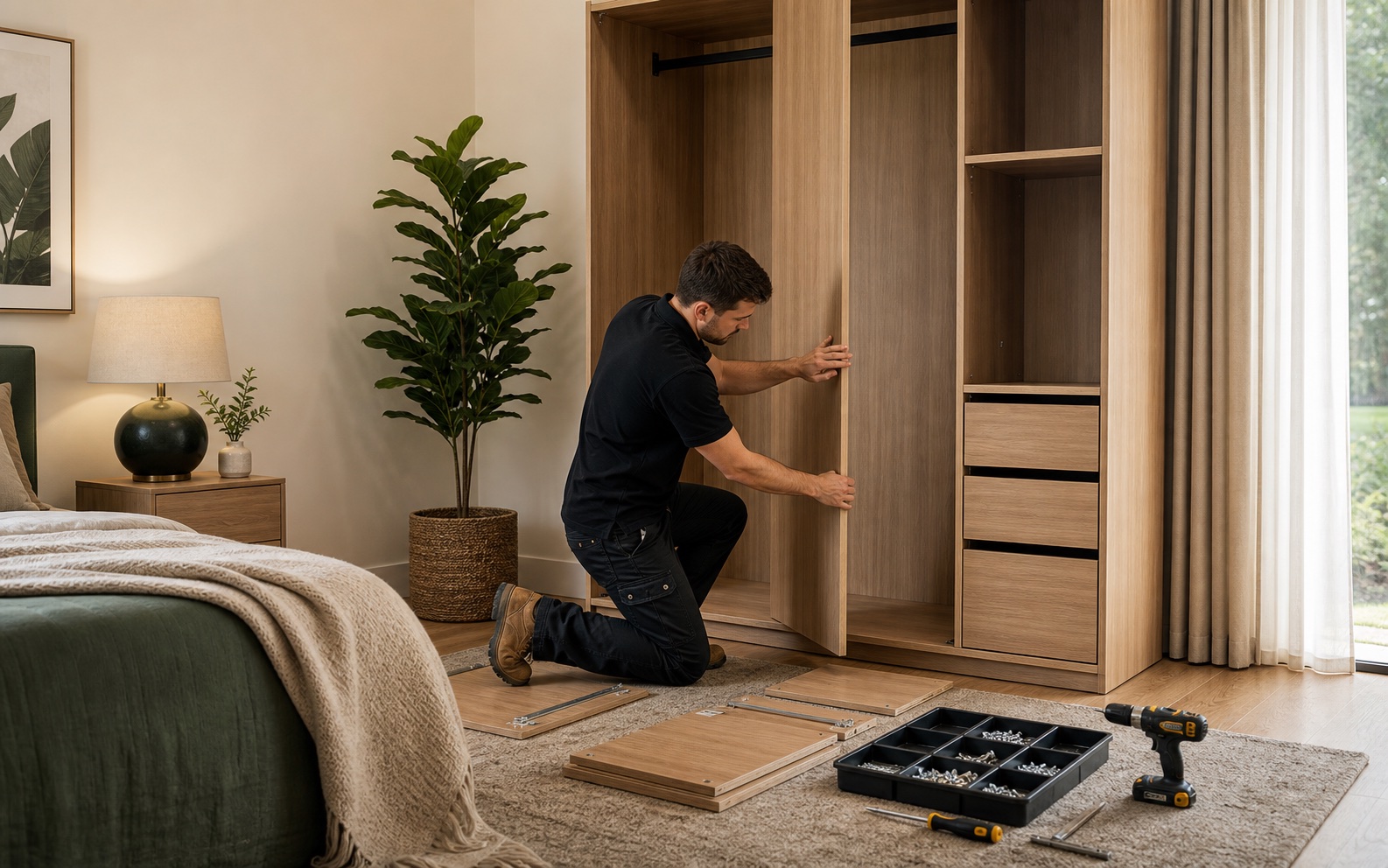 Residential wardrobe assembly in a modern bedroom